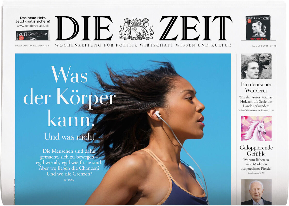 Titelbild der Wochenzeitung DIE ZEIT Ausgabe 33/2024. Eine Frau joggt mit Ohrhörern vor einem klaren, blauen Himmel. Der Haupttitel lautet 'Was der Körper kann'.