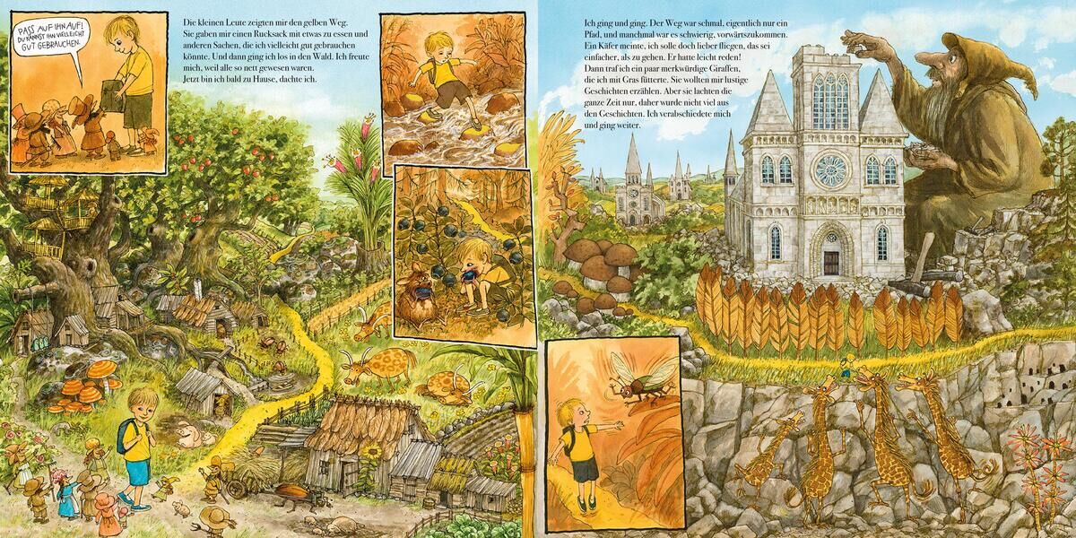 Eine bunte Illustration aus dem Kinderbuch 'Der Weg nach Hause', die ein mittelalterliches Dorf, eine Reise durch die Natur und ein prächtiges Schloss zeigt. Verschiedene Szenen des Abenteuers sind dargestellt, mit Kindern und fantastischen Elementen.