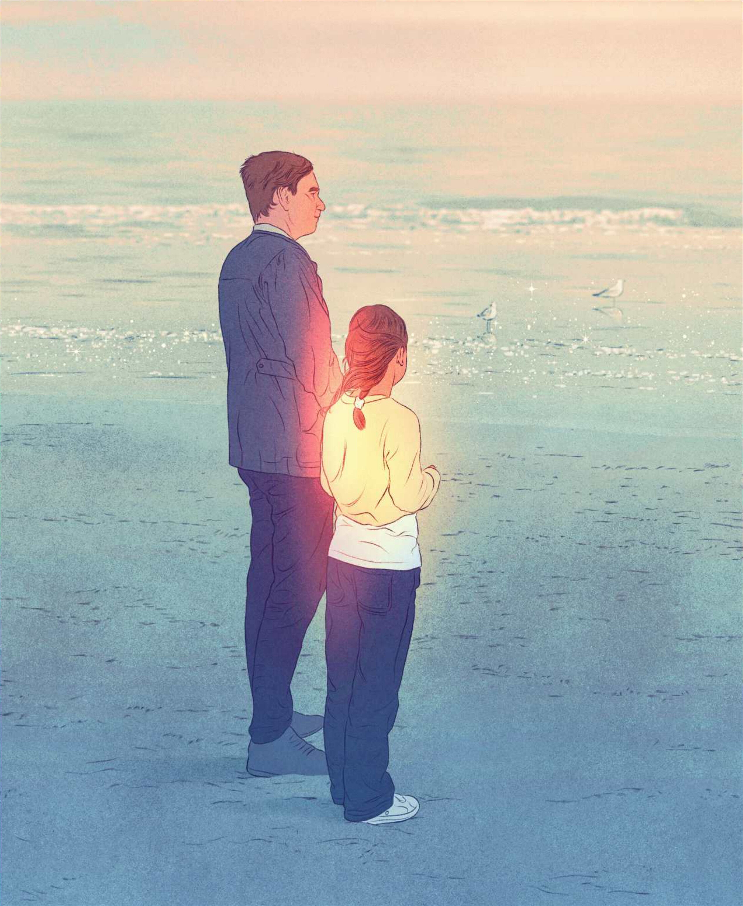 Illustration eines Mannes und eines Kindes, die gemeinsam am ruhigen Strand stehen und aufs Meer blicken. Sanfte Farben und harmonische Atmosphäre betonen das Thema Achtsamkeit und die besondere Verbindung zwischen den beiden Personen.