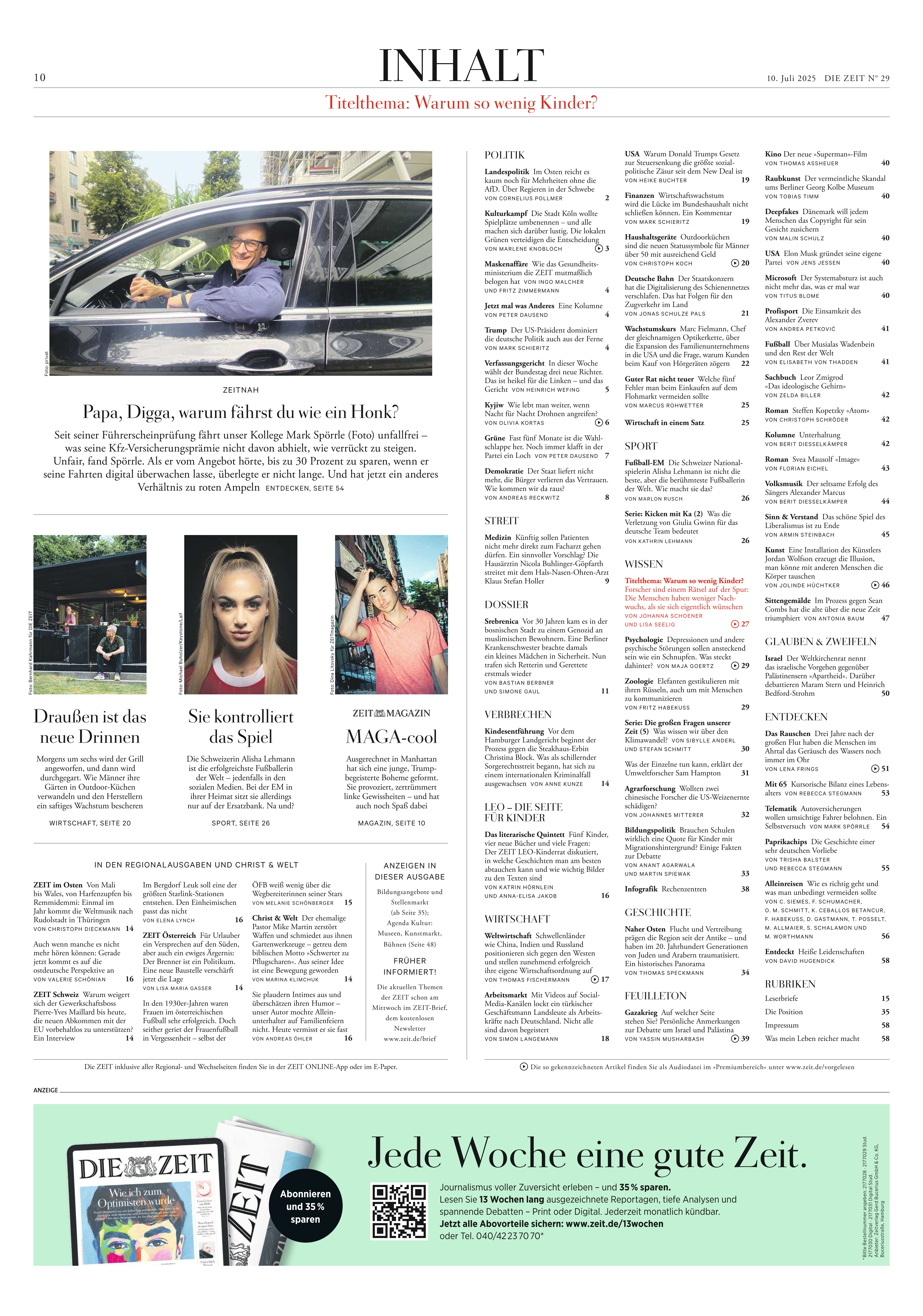 Titelseite der Wochenzeitung DIE ZEIT, Ausgabe 29/2025, mit großem Inhaltsverzeichnis, Fotos, Artikeln, Überschriften und verschiedenen Themenbereichen. Klares Layout mit Text in Spalten, ergänzt durch Bilder und farbige Akzente.