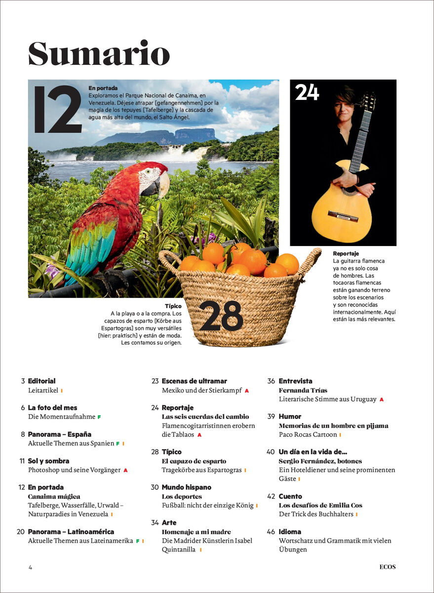 Cover der Ecos Magazin Ausgabe 08/2024 mit einem Papagei, einem Korb voller Orangen und einer Person, die ein Musikinstrument hält. Der Inhalt des Magazins ist thematisch gegliedert und umfasst Rubriken wie Editorial, Reportage und Reisen. Die farbenfrohe Gestaltung mit Schwerpunkt auf Natur und spanischsprachige Kulturen macht es besonders ansprechend für Sprach- und Naturliebhaber.