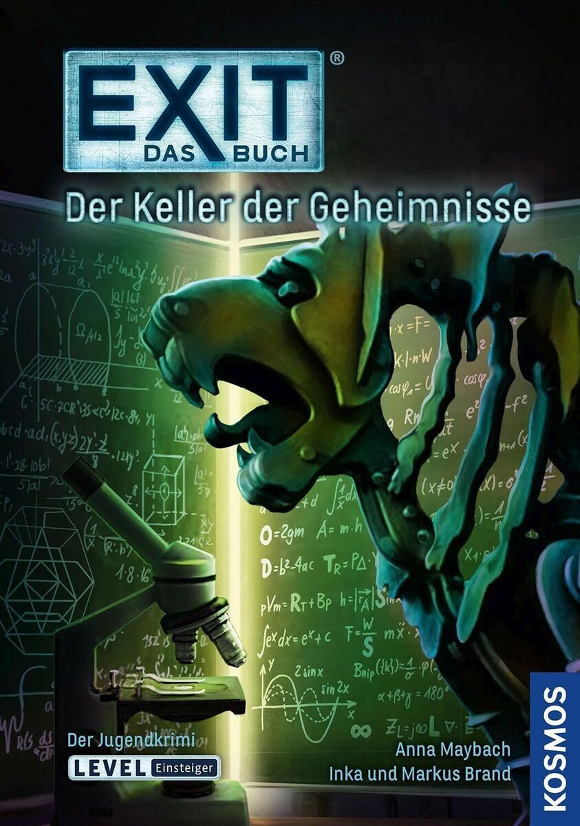 Cover des Buches 'EXIT - Das Buch: Der Keller der Geheimnisse' zeigt ein grün-blaues Skelett in einem Raum mit mathematischen Gleichungen und Formeln an den Wänden.