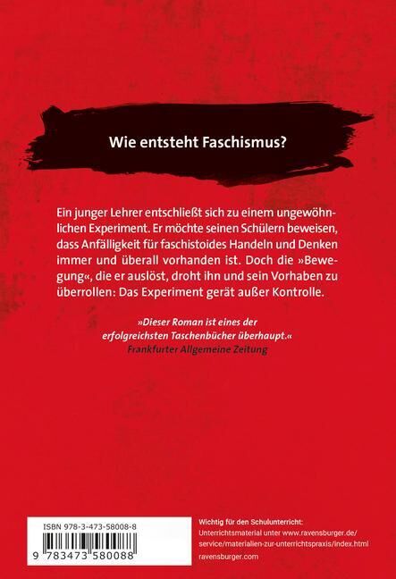 Rückseite des Buches 'Wie entsteht Faschismus?'. Ein junger Lehrer führt ein soziales Experiment durch, um Schülern die Mechanismen des faschistischen Denken aufzuzeigen. Der Klappentext ist auf einem roten Hintergrund mit schwarzer und weißer Schrift dargestellt.