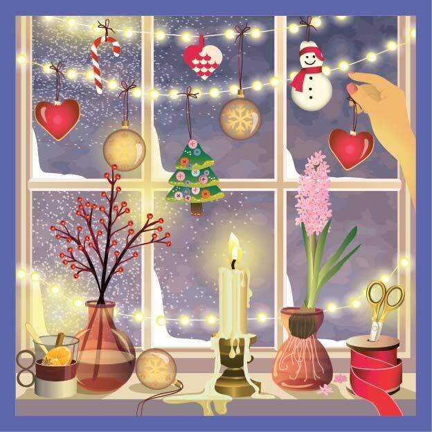Das Motiv des 500 Teile Puzzles »Weihnachtsfenster« von VISSEVASSE zeigt ein Fenster geschmückt mit weihnachtlichen Anhängern, Lichterkette, Kerze, roten Herzen, Schneemann, grüner Weihnachtsbaum, Blumen in Vasen, Bastelutensilien und winterlicher Szenerie draußen.