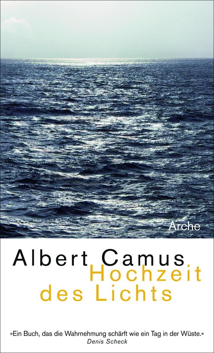 Buchcover von 'Hochzeit des Lichts' von Albert Camus, zeigt das Meer unter einem wolkigen Himmel. Unter dem Titel ist ein Zitat von Denis Scheck abgedruckt.