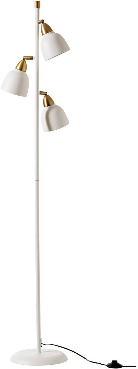 Eine moderne Stehlampe von Superliving namens 'Urban Triple White'. Die Lampe ist weiß mit drei verstellbaren Lampenköpfen und goldenen Details. Perfekt für minimalistisches und skandinavisches Design.