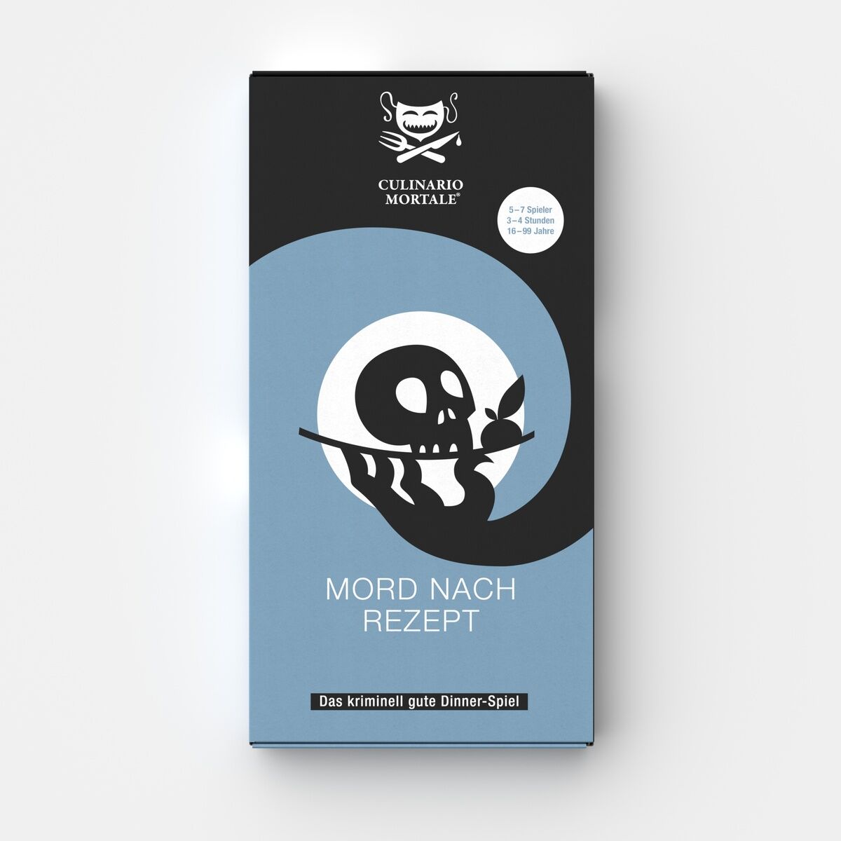 Verpackung des Krimi-Dinner Spiels 'Mord nach Rezept' von Culinario Mortale, stilisiertes Bild eines Totenkopfs mit Blatt in schwarz-weiß auf blauem Hintergrund.