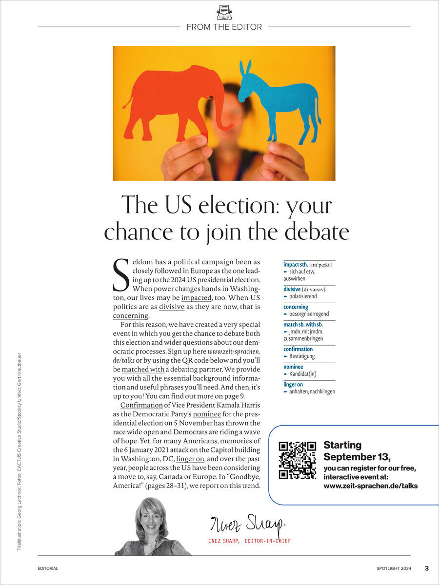 Das Cover des Spotlight Magazins vom November 2024 zeigt den Titel 'The US election: your chance to join the debate' mit einer Illustration eines roten Elefanten und eines blauen Esels. Der Text beschreibt die Themen der Ausgabe, die sich auf die US-Wahlen und politische Debatten konzentrieren. Farbgestaltung in Weiß, Schwarz, Rot, Blau und Grau.