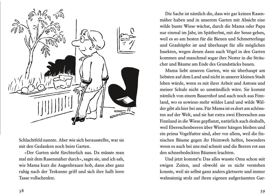 Buchseiten von 'Stohner, Friedbert: Bleibt Oma jetzt für immer?' mit Text auf Deutsch und Schwarz-Weiß-Illustrationen. Eine Zeichnung zeigt eine Person, die in einem Garten steht, während der Haupttext über Gärten und Familienbeziehungen spricht.