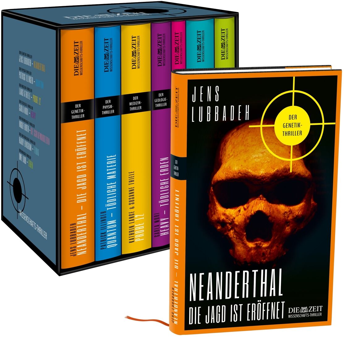 Der ZEIT-Edition »Wissenschafts-Thriller« besteht aus einer Sammlung mehrerer Romane in einer dekorativen Box. Ein auffälliges Cover zeigt einen menschlichen Schädel mit gelbem Hintergrund. Die Buchreihe richtet sich an Leser, die sich für wissenschaftliche Thriller interessieren.