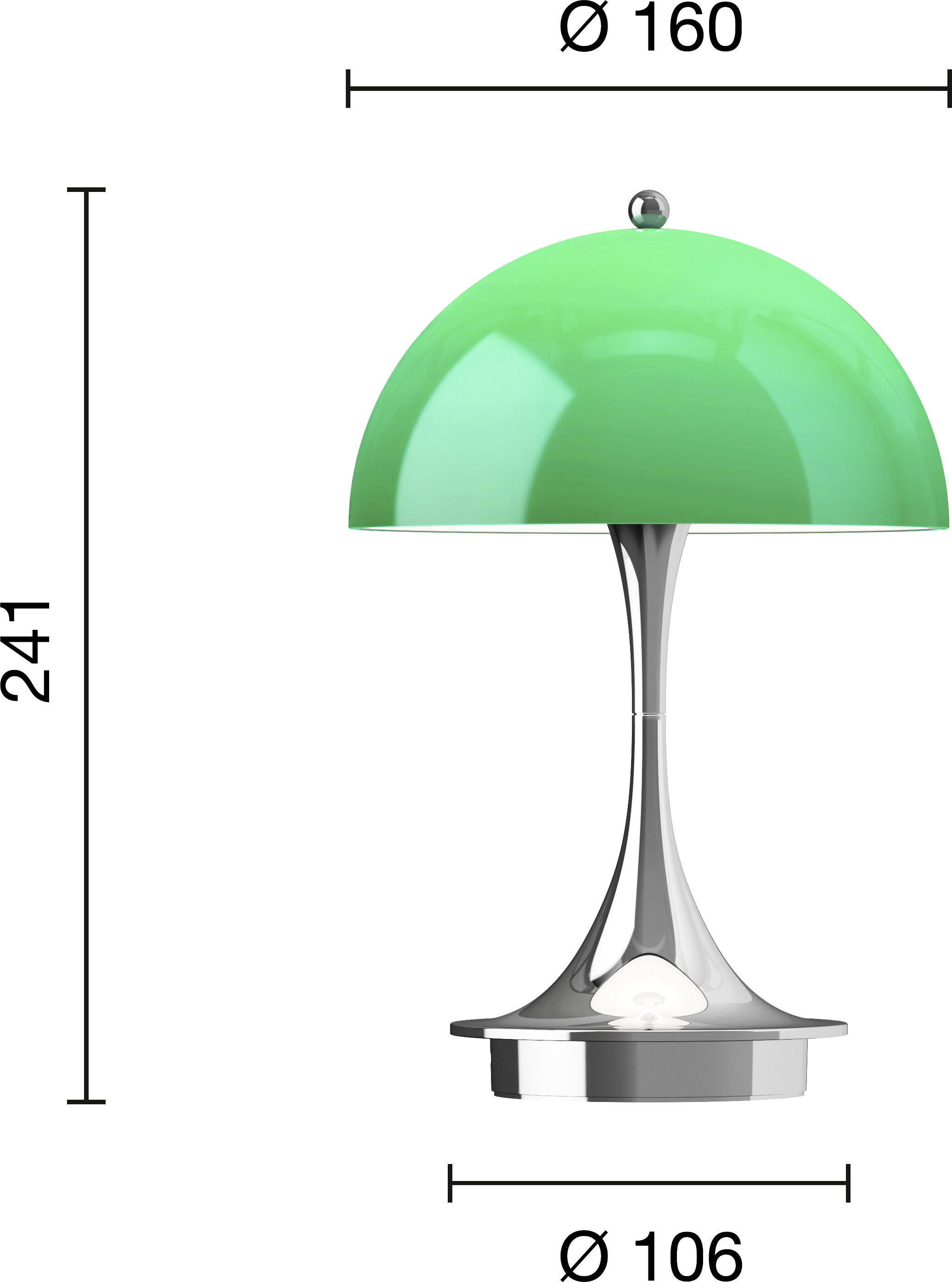 Die Abbildung zeigt die Tischleuchte »PANTHELLA 160 PORTABLE LEUCHTE« der Marke Louis Poulsen mit halbrundem, grünem Lampenschirm aus Kunststoff, silbernem Standfuß und weißem Lichtreflektor. Maße: 241 mm hoch, Schirmdurchmesser 160 mm, Fußdurchmesser 106 mm, auf weißem Hintergrund.