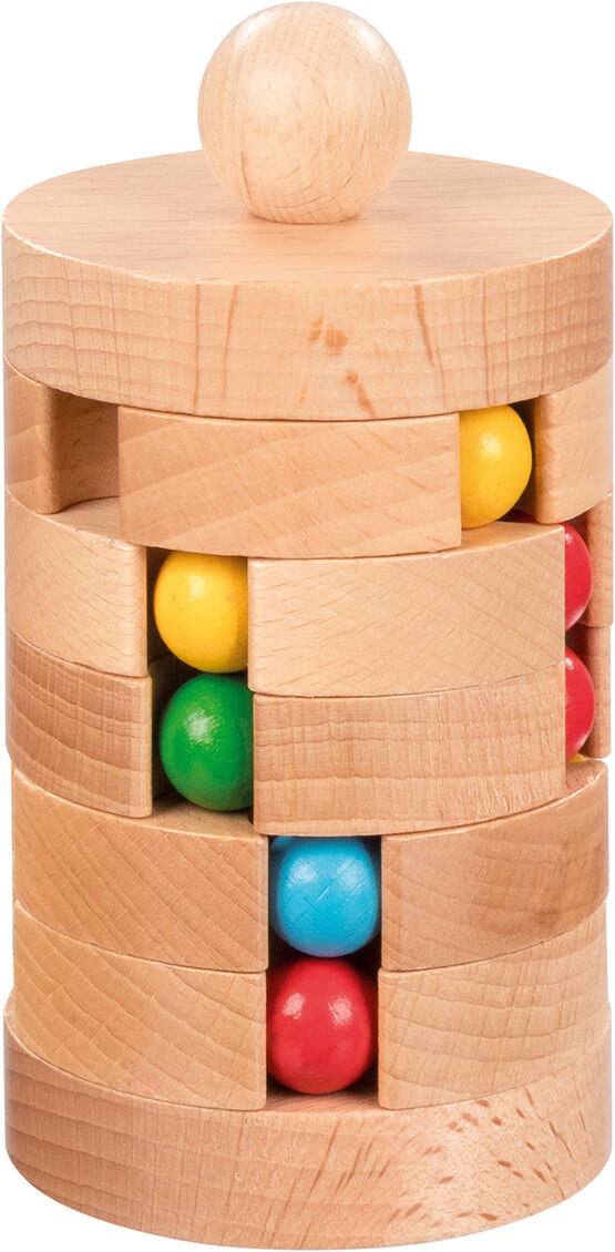 Ein Holzspielzeug namens Kugelturm. Es besteht aus mehreren drehbaren Ebenen, die mit bunten Kugeln in Rot, Gelb, Grün und Blau gefüllt sind. Das Spielzeug ist aus natürlichem Holz gefertigt und fördert motorische Fähigkeiten.