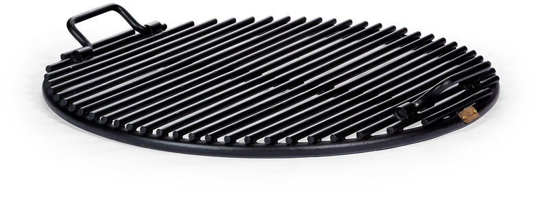 Runder Grillrost aus schwarzem Metall mit Griff, geeignet für Grillen und Outdoor-Kochen.