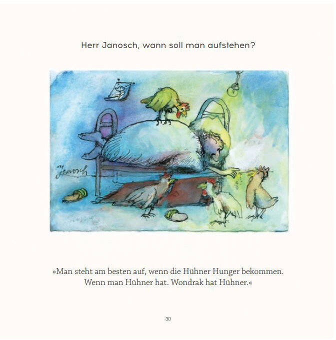 Buchcover des Buches 'Wondrak: Herr Janosch, was hilft gegen Langeweile im Alter?' mit einer farbenfrohen Illustration einer Figur auf einem Bett, umgeben von Hühnern. Text auf dem Cover: 'Herr Janosch, wann soll man aufstehen? Man steht am besten auf, wenn die Hühner Hunger bekommen. Wenn man Hühner hat. Wondrak hat Hühner.'
