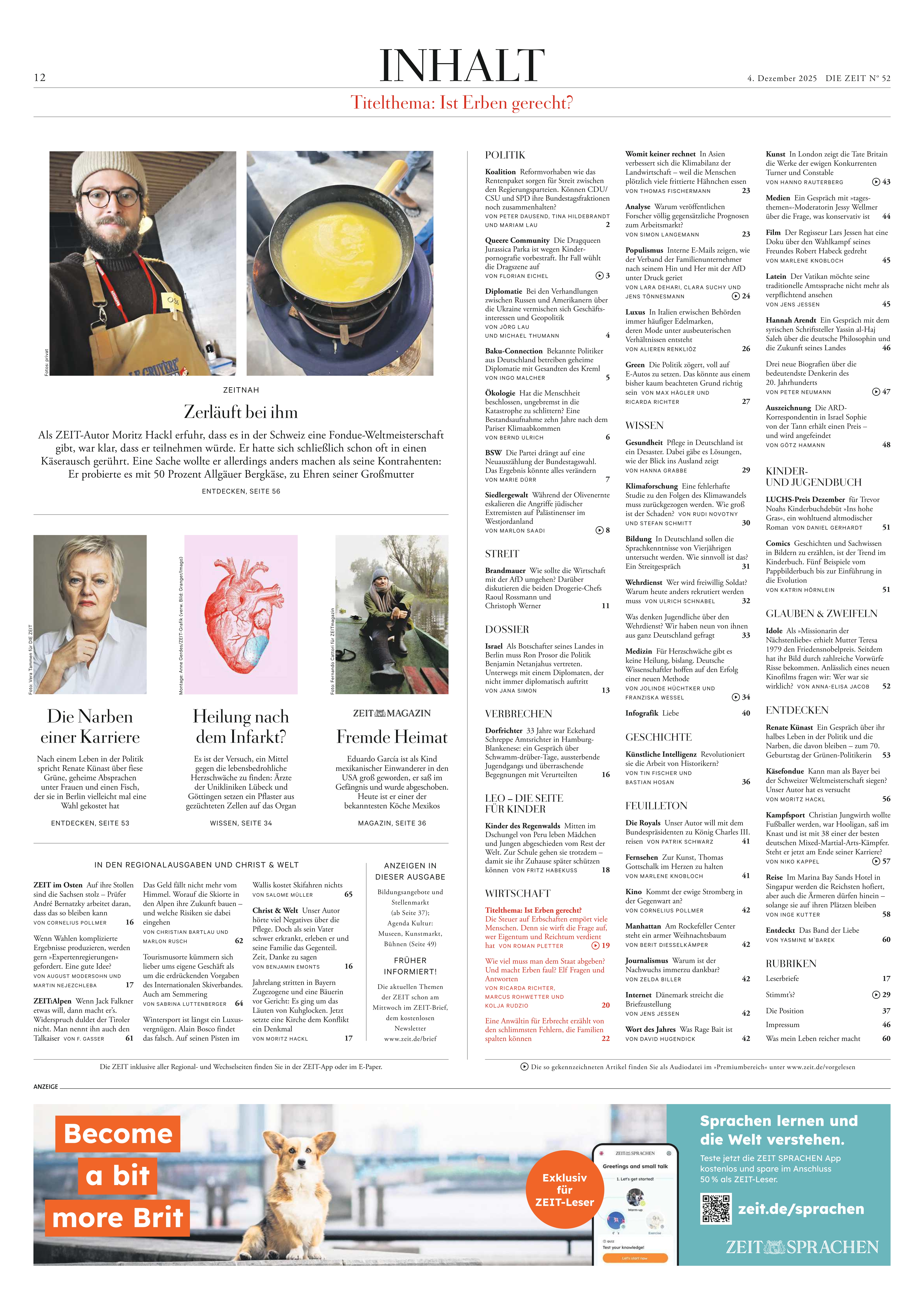 Titelseite der Wochenzeitung DIE ZEIT Ausgabe 52/2025 mit ausführlichem Inhaltsverzeichnis, kompakten Textspalten und mehreren Fotos. Oben großes Inhaltsverzeichnis, links Porträtbilder und Artikelanfänge, unten Werbebanner. Klar strukturierte, sachliche Gestaltung mit farbigen Akzenten.