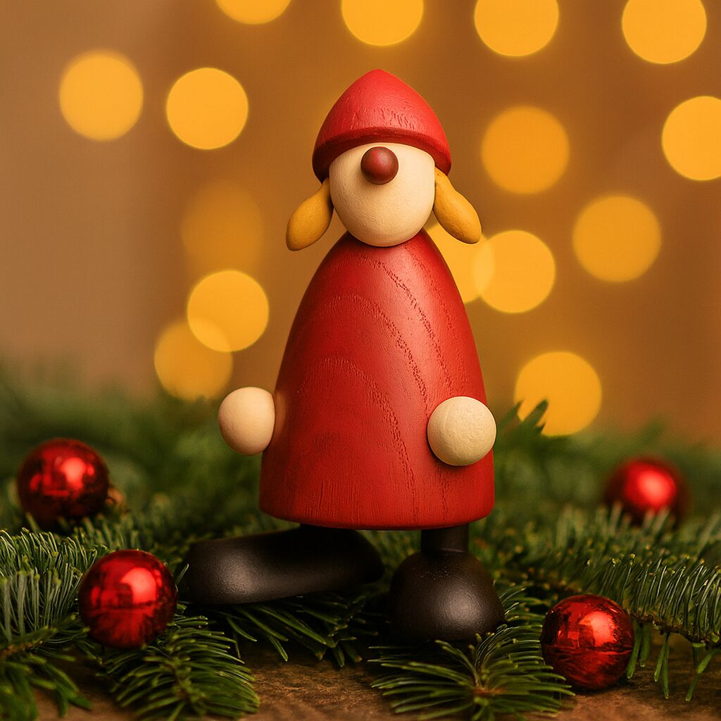 Holzfigur einer Weihnachtsfrau mit rotem Kleid und Mütze steht auf Tannenzweigen, dekoriert mit roten Weihnachtskugeln, im Hintergrund leuchten unscharfe, goldene Lichter.