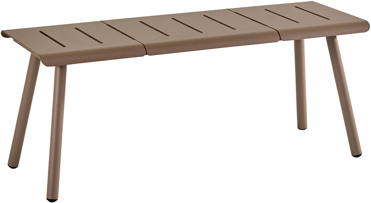 Eine minimalistische Bank mit 2-Sitzer in braun-beige, geeignet für Terrasse oder Balkon, mit einem modernen und witterungsbeständigen Design.