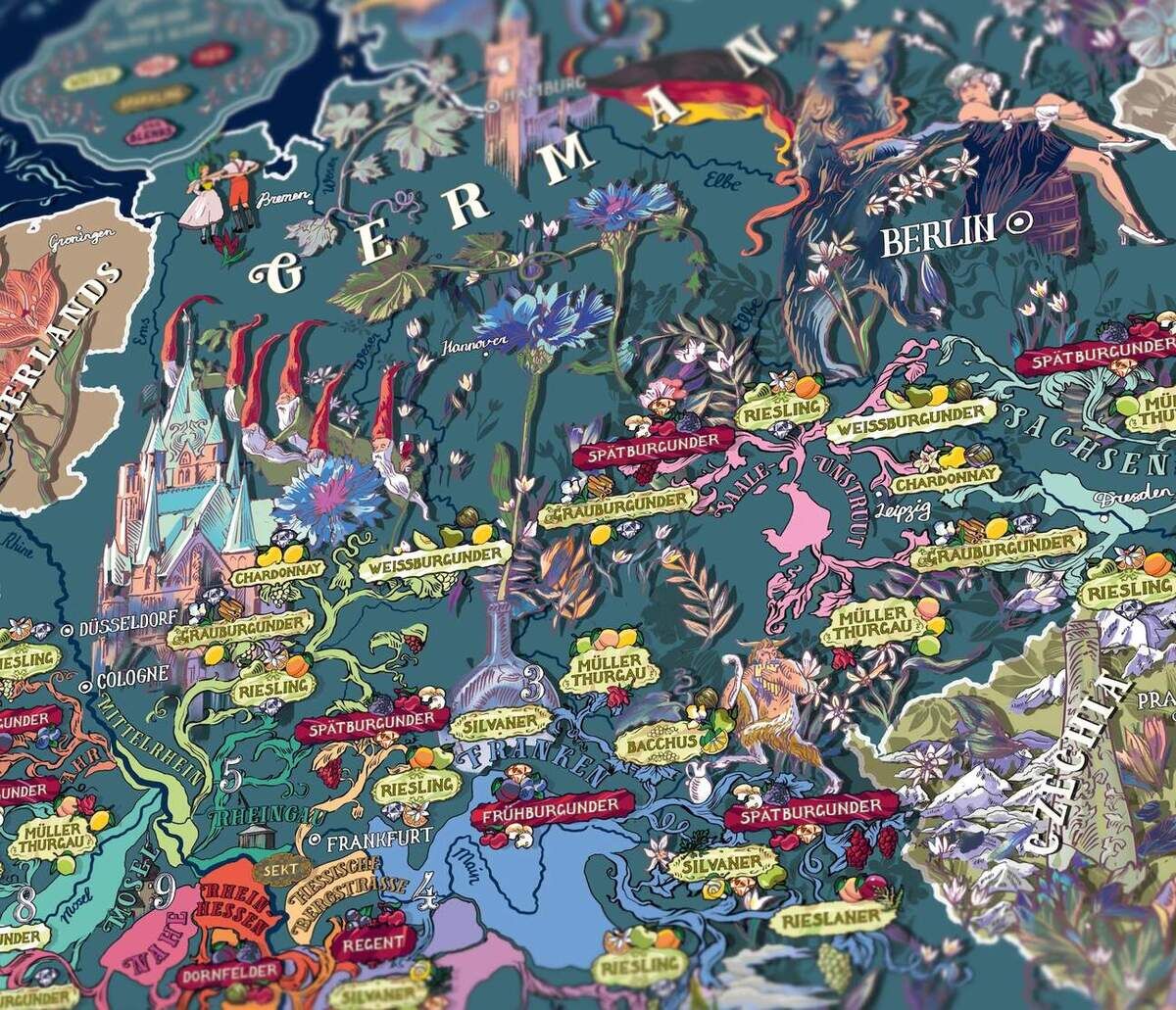 Künstlerisch gestaltetes Weinpuzzle von Deutschland, welches verschiedene Weinregionen und Rebsorten darstellt. Ideal für Weinliebhaber und Puzzle-Fans.