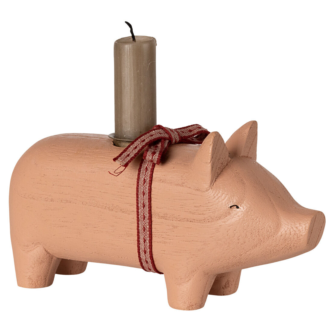 Mittlerer Kerzenhalter in Form eines rosa Schweins aus Holz mit einer braunen Kerze auf dem Rücken und einer roten Schleife um den Körper, geeignet als Dekoration oder Glücksbringer für festliche Anlässe.