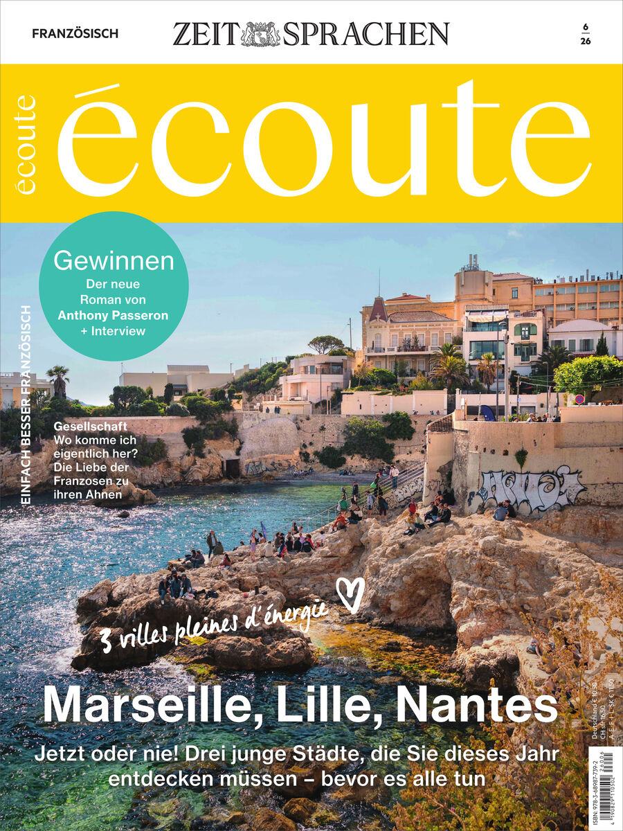 Cover des Écoute Magazins 6/2026 von Spotlight Verlag. Oben ein gelbes Banner mit Titel in Großbuchstaben, darunter eine sommerliche Stadtansicht mit Felsen und Wasser in Marseille. Unten fett: Marseille, Lille, Nantes. Diverse Texte und Gewinnspielbutton rechts.