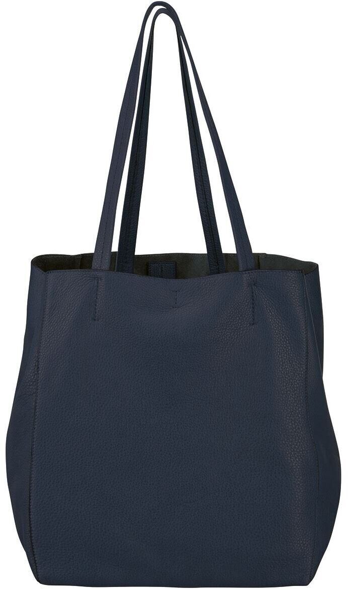 Schlichte und elegante dunkelblaue Ledertasche mit zwei langen Griffen.