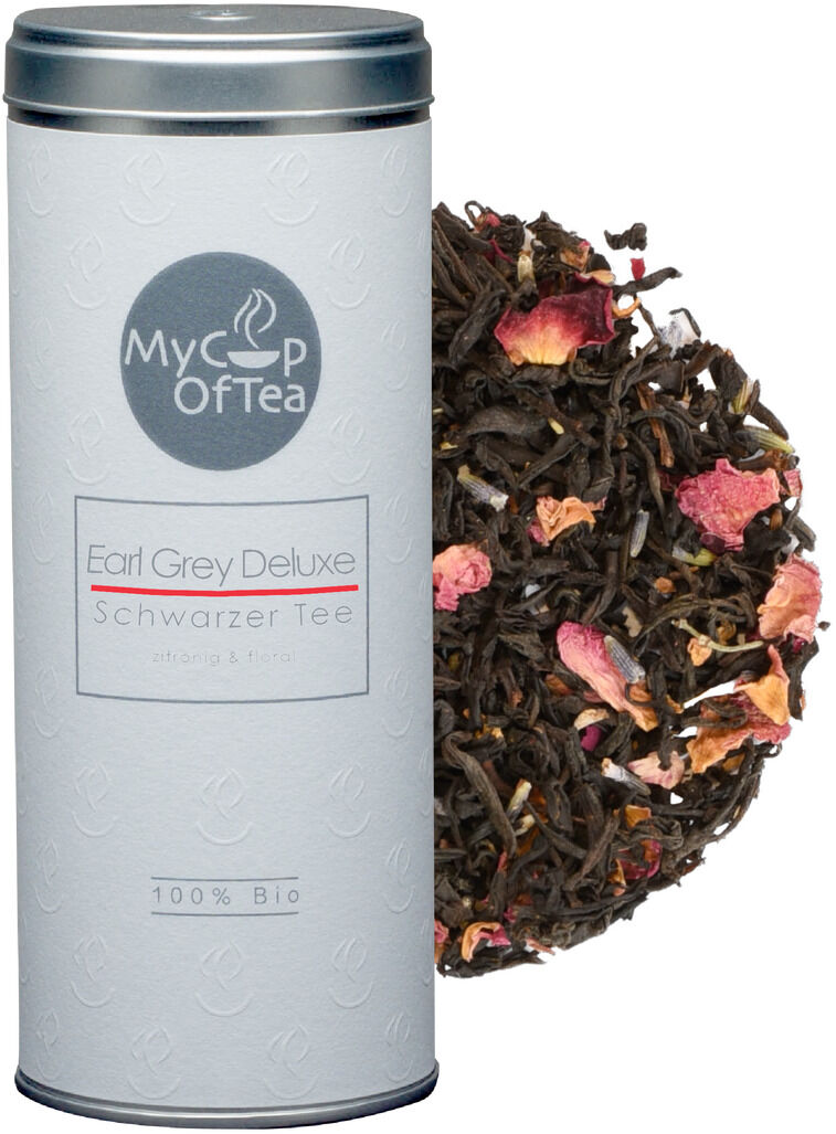 Weiß-silberne Teedose mit der Aufschrift 'Earl Grey Deluxe', gefüllt mit schwarzem Tee und Roseblüten.