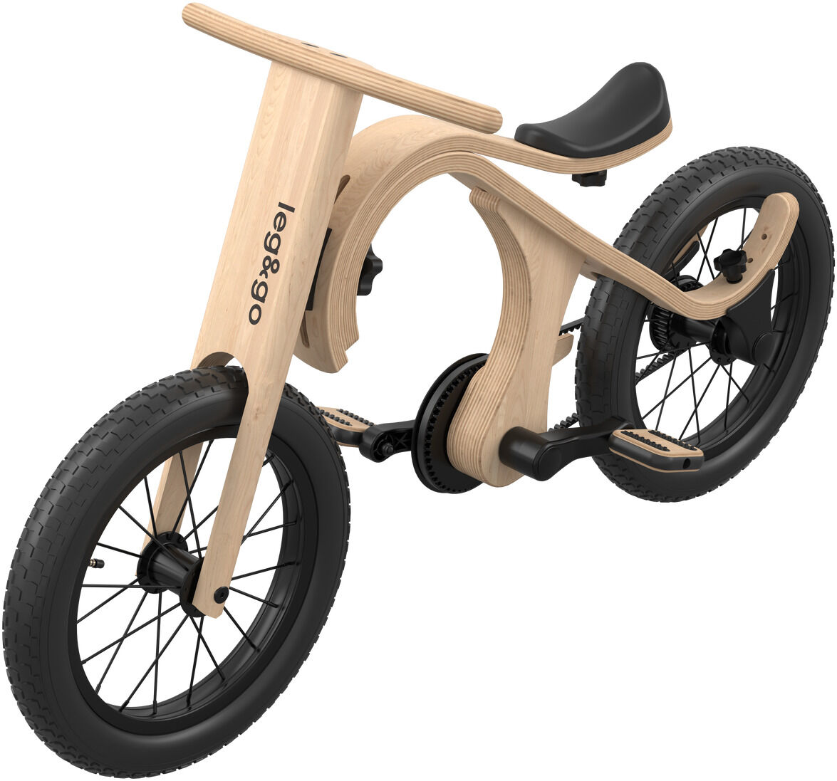 Abbildung einer hölzernen Erweiterung mit Pedalen als Zubehör für ein Balance Board, gestaltet in natürlicher Holzoptik mit schwarzen Details wie Rädern und Sitz, geeignet für Kinder zur Förderung der Balance und Motorik.