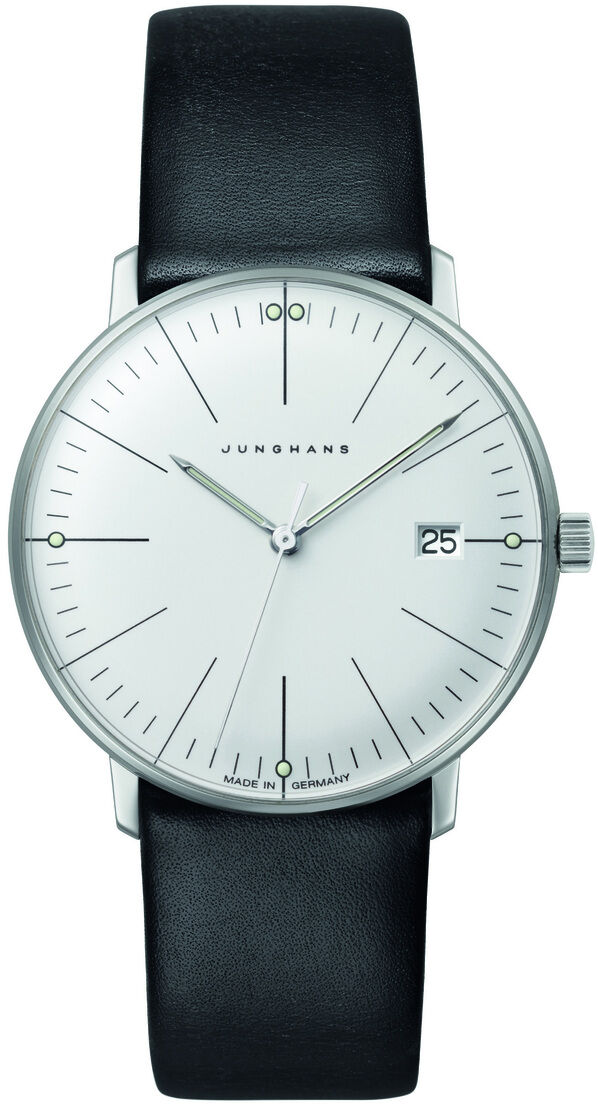 Junghans-Uhr »Max Bill Damen« mit minimalistischem Design, schwarzem Lederarmband und silbernem Gehäuse. Analoge Uhr mit Datum. Hergestellt in Deutschland.