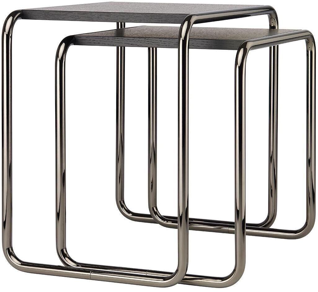 ZEIT-Sonderedition Beistelltischsatz B9a/b von Thonet, bestehend aus zwei rechteckigen, schwarz lackierten Holztischen mit verchromten Rohrgestellen. Die eleganten, minimalistischen Tische sind ineinander verschachtelt.