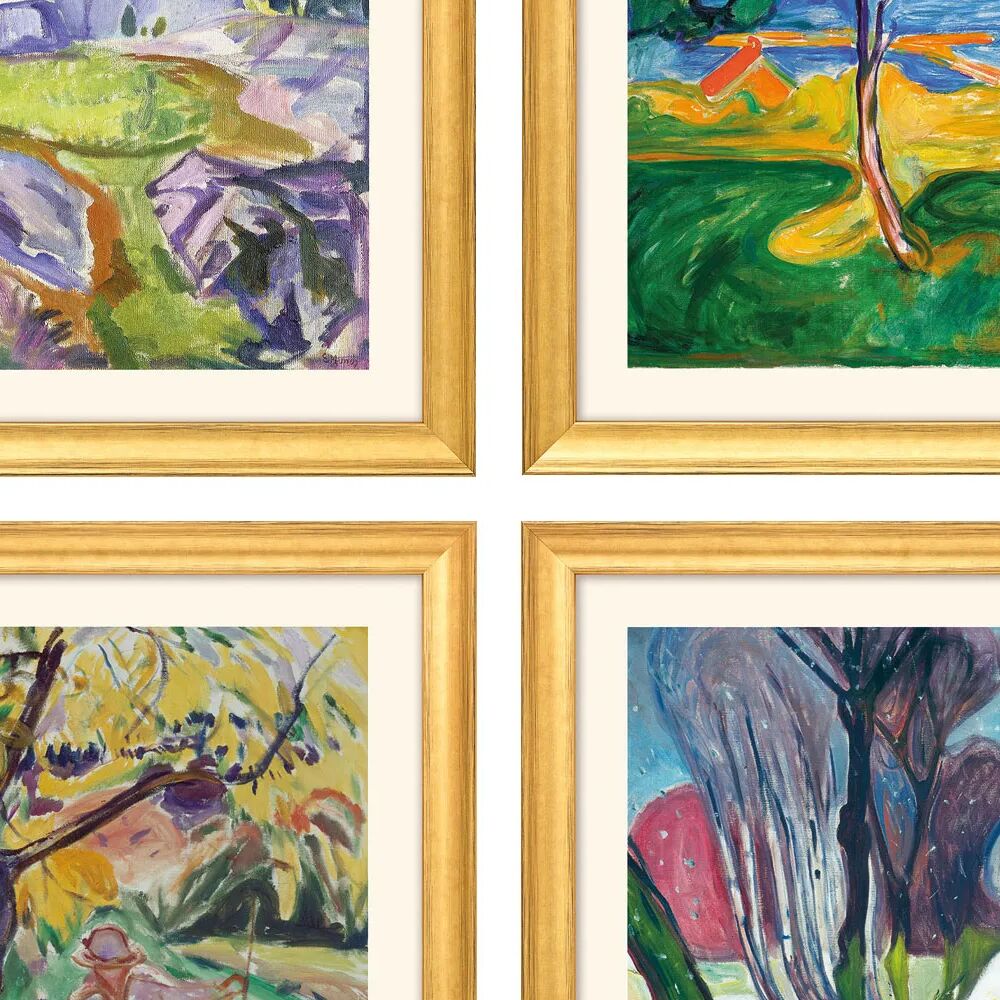 Das Bild zeigt vier farbenfrohe Kunstdrucke aus Edvard Munchs "Jahreszeiten-Zyklus" im 4er-Set. Jeder Druck ist in einem goldfarbenen Massivholzrahmen und von breitem cremefarbenem Passepartout gefasst. Abstrakt gemalte Landschaften mit kräftigen Farben und expressiven Pinselstrichen.