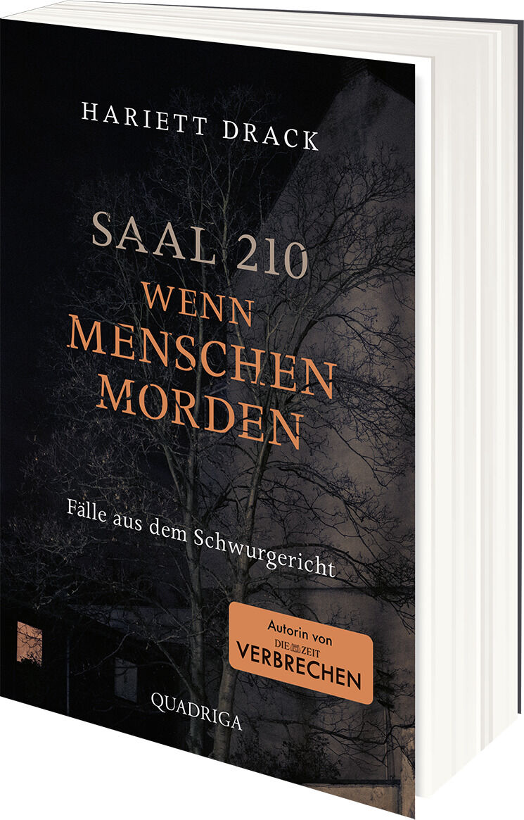 Buchcover von 'Saal 210 - Wenn Menschen morden: Fälle aus dem Schwurgericht' von Hariett Drack. Das Bild zeigt ein dunkles, mysteriöses Design mit einem Baum im Hintergrund und orangener Schrift auf schwarzem Grund.
