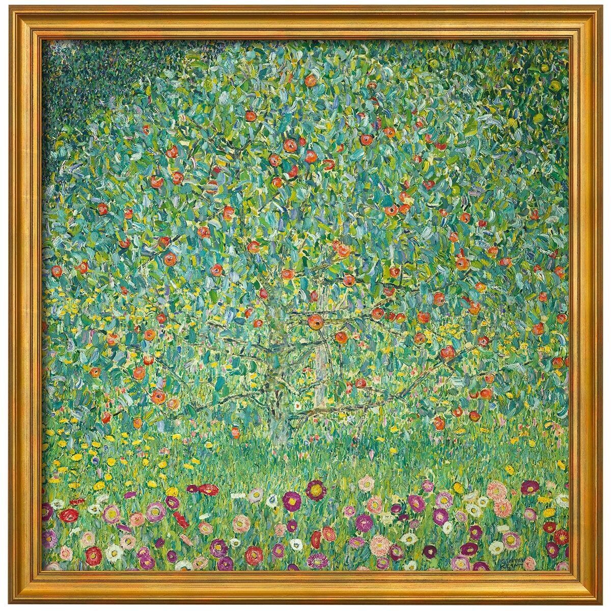 Gemälde von Gustav Klimt mit dem Titel 'Apfelbaum I' aus dem Jahr 1912, in einer goldfarbenen Rahmen. Darstellt einen blühenden Apfelbaum mit vielen bunten Blumen und grünen Blättern im Hintergrund.