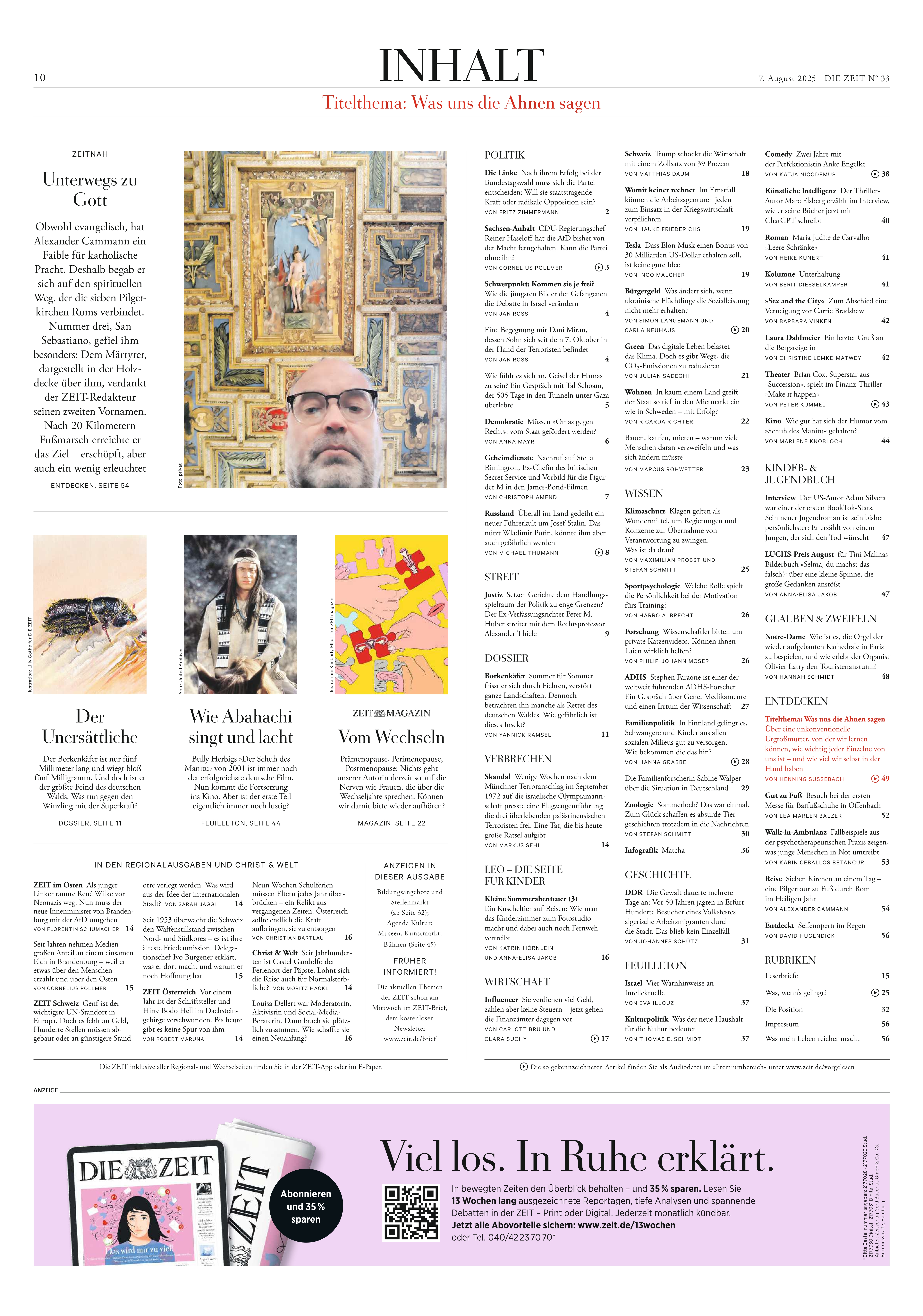 Titelseite des Inhaltsverzeichnisses der Wochenzeitung DIE ZEIT, Ausgabe 33/2025. Verschiedene Rubriken und Artikelthemen sind in Spalten gelistet. Zu sehen sind kleinere Bilder, darunter ein Porträt eines Mannes, ein Insekt und zwei Buchcover. Das Layout ist auf weißem Hintergrund mit dezenter Farbgebung gestaltet.