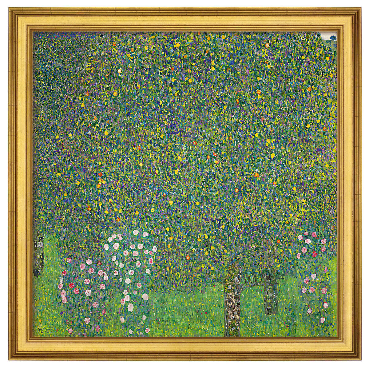 Ein Gemälde von Gustav Klimt aus dem Jahr 1905 mit dem Titel »Rosensträucher unter Bäumen«. Es zeigt eine naturreiche Szene mit Rosengebüschen und Bäumen in impressionistischem Stil. Vorherrschende Farben sind Grün, Gelb, Rosa, Blau und Braun.