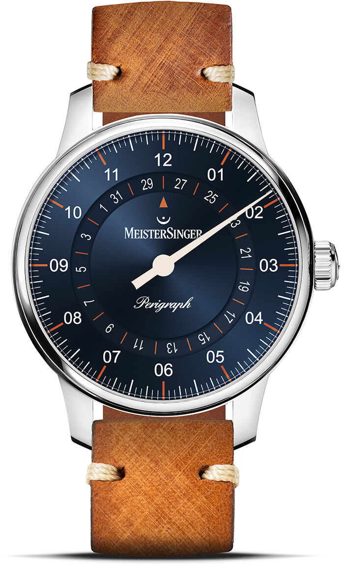Zeiger der Zeit-Sonderedition »Perigraph« Uhr von MeisterSinger mit blauem Sonnenschliff-Zifferblatt, silbernem Edelstahlgehäuse und braunem Lederarmband.