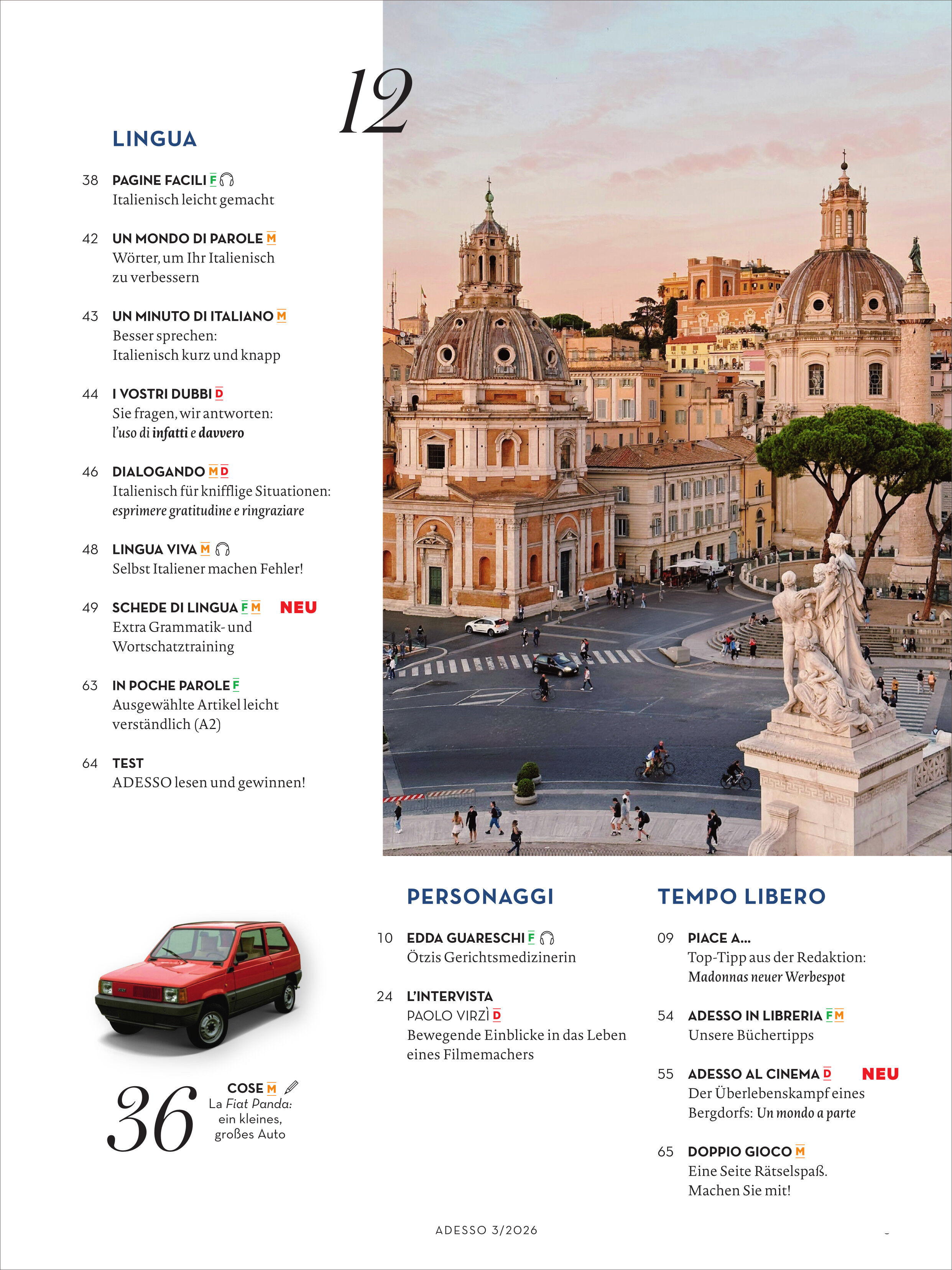 In der oberen Hälfte des Bildes ist eine detailreiche Fotografie eines italienischen Platzes mit markanter barocker Kirche, alten Gebäuden und weiten Treppen zu sehen. Unten sind strukturierte Magazininhalte mit Text und kleinen Symbolen abgedruckt, darunter Themen zu Sprache, Personen und Freizeit, und ein kleines rotes Auto als Illustration.