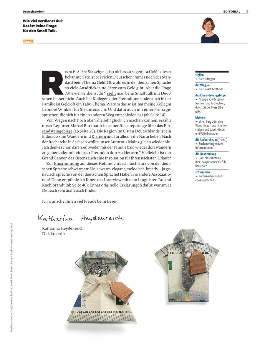 Seite eines Magazins mit Editorial von Katharina Heydenreich, ihrem Foto, Text zu Geld und Small Talk, daneben Liste mit Rubriken. Unten zwei Hemden und Kleider, gefaltet aus Geldscheinen. Professionelles Layout in zurückhaltenden Farben, viel Weißraum.