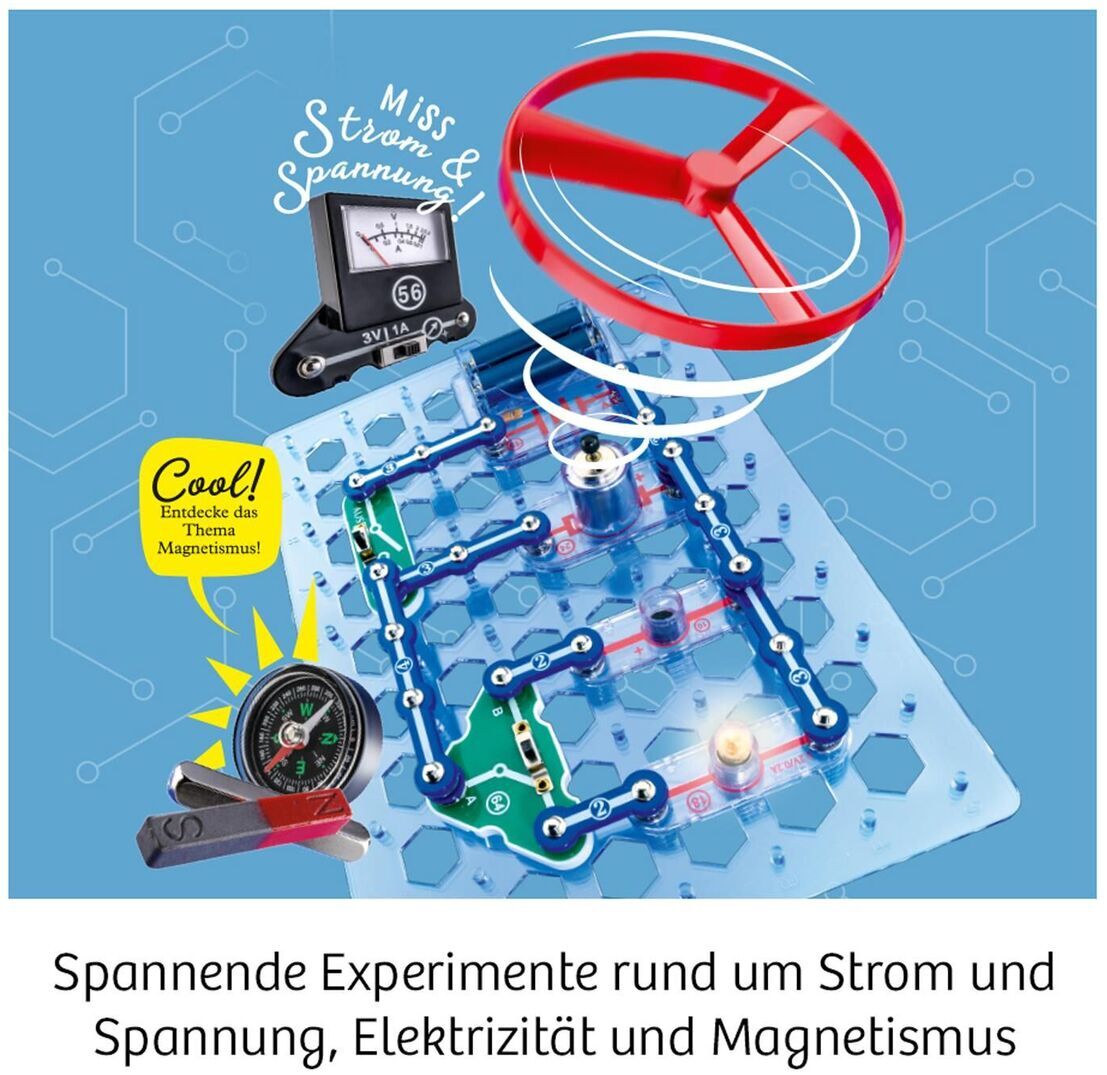 Ein Elektro-Experimentierkasten namens 'Easy Elektro - Start' zeigt verschiedene Komponenten und Schaltungen zur Demonstration von Strom, Spannung und Magnetismus. In der Mitte ist eine Schaltung mit blauen Verbindungen und roten Magneten, umgeben von weiteren Instrumenten und Anzeigen auf einer blauen Platte. Der Text beschreibt die Experimente als spannend und lehrreich.