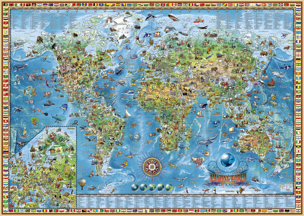 Eine bunte Weltkarte mit zahlreichen Illustrationen von Tieren, Sehenswürdigkeiten und Symbolen aus verschiedenen Ländern und Kontinenten. Die Karte enthält Flaggen, Ozeane und detailreiche geographische Informationen, ideal für Kinder und Bildungszwecke.