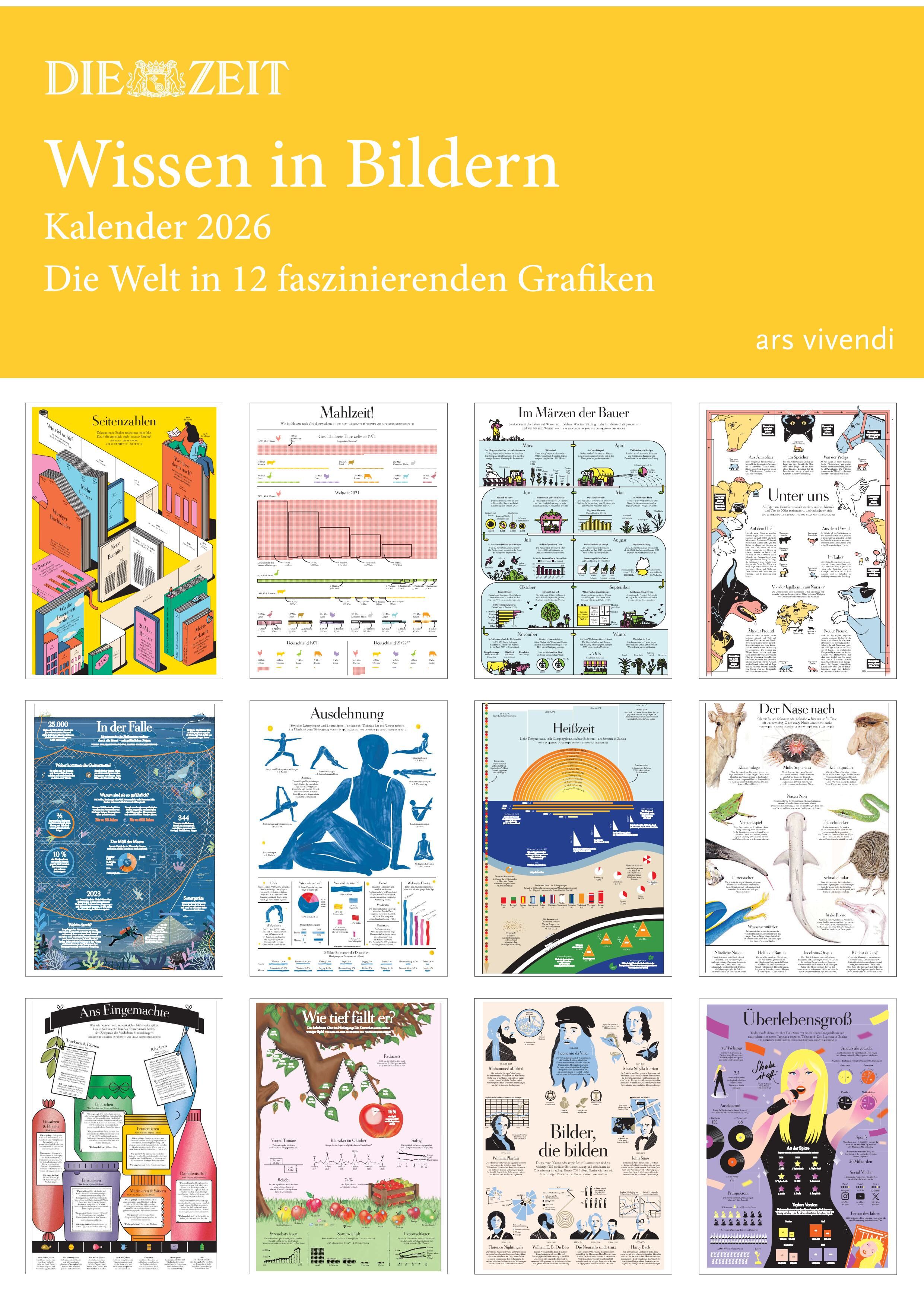 Kalender 2026 mit dem Titel 'Wissen in Bildern'. Der Kalender zeigt 12 verschiedene Infografiken, jede für einen Monat. Die Abbildungen sind bunt und thematisch vielfältig, dargestellt auf einem gelben Cover.