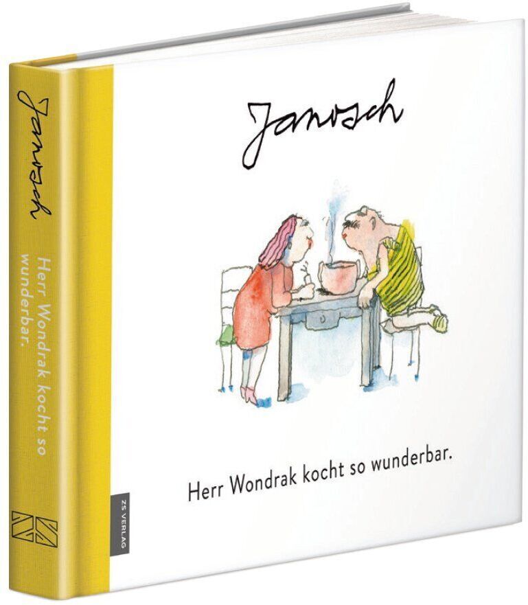 Ein Kochbuch mit dem Titel 'Herr Wondrak kocht so wunderbar' von Janosch. Das Cover zeigt eine Illustration von zwei Figuren, die an einem Tisch sitzen. Links sitzt eine Person mit rosa Haaren und grüner Kleidung, rechts eine Person mit gelber Kleidung und einer Kochmütze. Der Hintergrund ist weiß, und es gibt einen gelben Buchrücken.