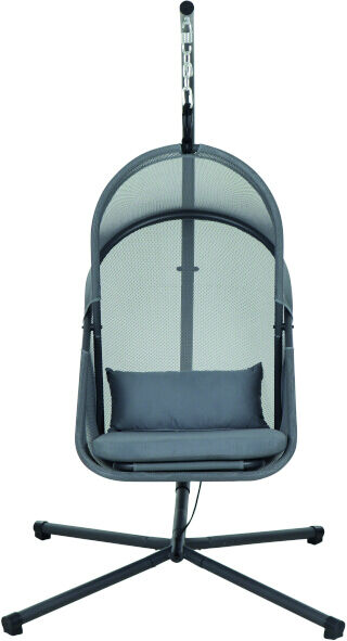 Dieser Hängesessel 'Yobaya' besteht aus einem grauen Metallgestell mit einem integriertem Sitz und Rückenkissen. Der Stuhl hängt an einem Rahmen mit einer Halterung und hat einen stabilen Fuß. Das Design ist modern und eignet sich für den Innen- und Außenbereich.
