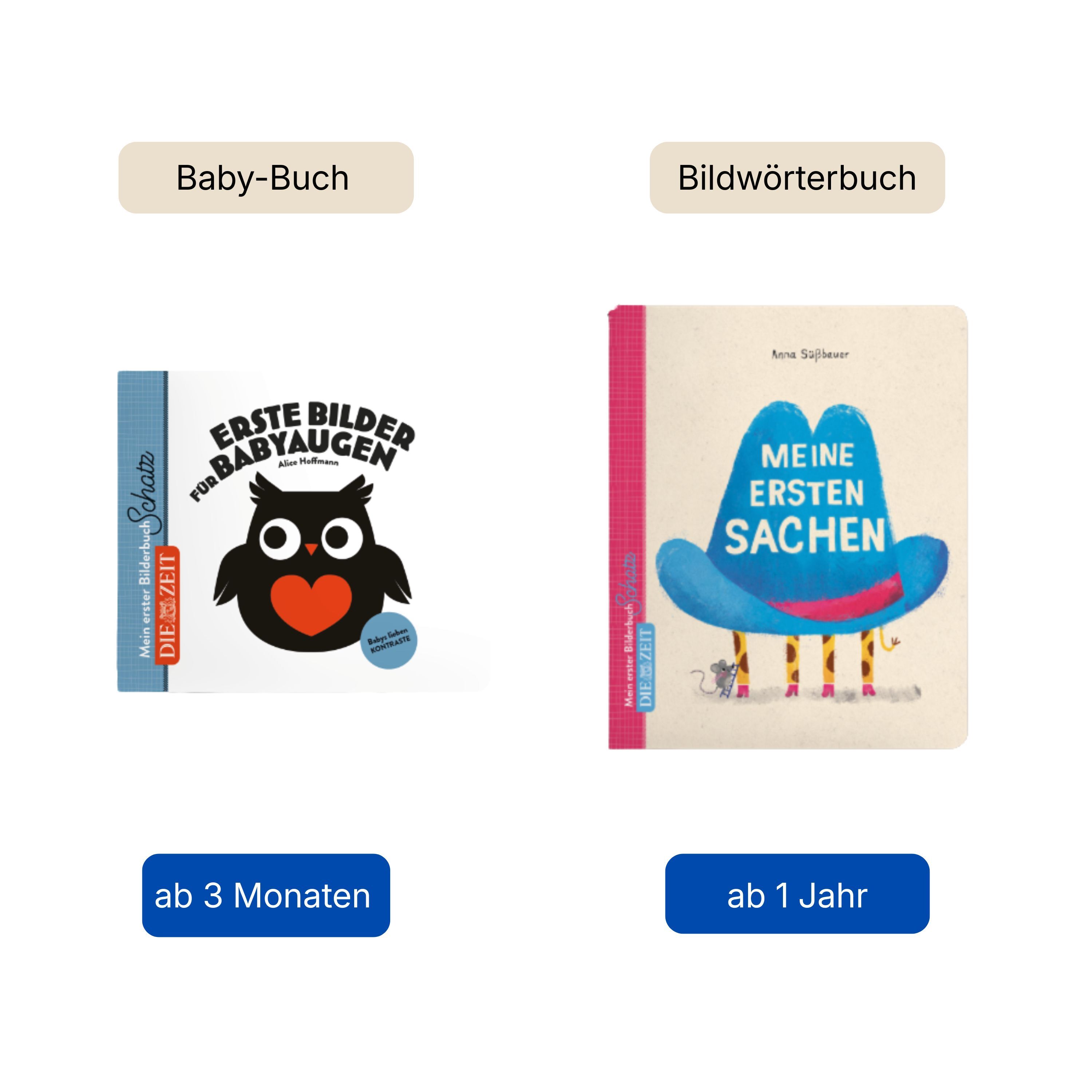 Zwei Kinderbücher werden nebeneinander gezeigt: Links das Baby-Buch „Erste Bilder für Babyaugen“ mit schwarzer Eule und bunten Kreisen auf weißem Grund wir ab 3 Monaten empfohlen. Rechts das Bildwörterbuch „Meine ersten Sachen“ mit bunter Illustration und großem blauem Hut wird ab einem Jahr empfohlen.