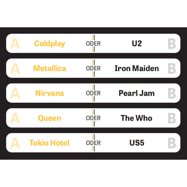 Das Bild zeigt fünf Karten aus dem Kartenspiel »Alles gesagt?« 2. Auf jeder Karte stehen zwei Bandnamen, die zur Auswahl stehen, um verglichen zu werden. Die Bands sind Coldplay, U2, Metallica, Iron Maiden, Nirvana, Pearl Jam, Queen, The Who, Tokio Hotel und US5. Die Karte hat einen schwarzen Hintergrund und weiße Flächen mit gelben und schwarzen Texten.