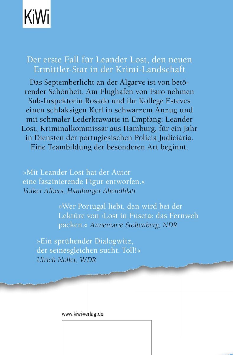 Cover des Buches 'Lost in Fuseta' von Gil Ribeiro. Der Titel ist in weißen Buchstaben auf blauem Hintergrund geschrieben. Das Buch wird im KiWi Verlag veröffentlicht.
