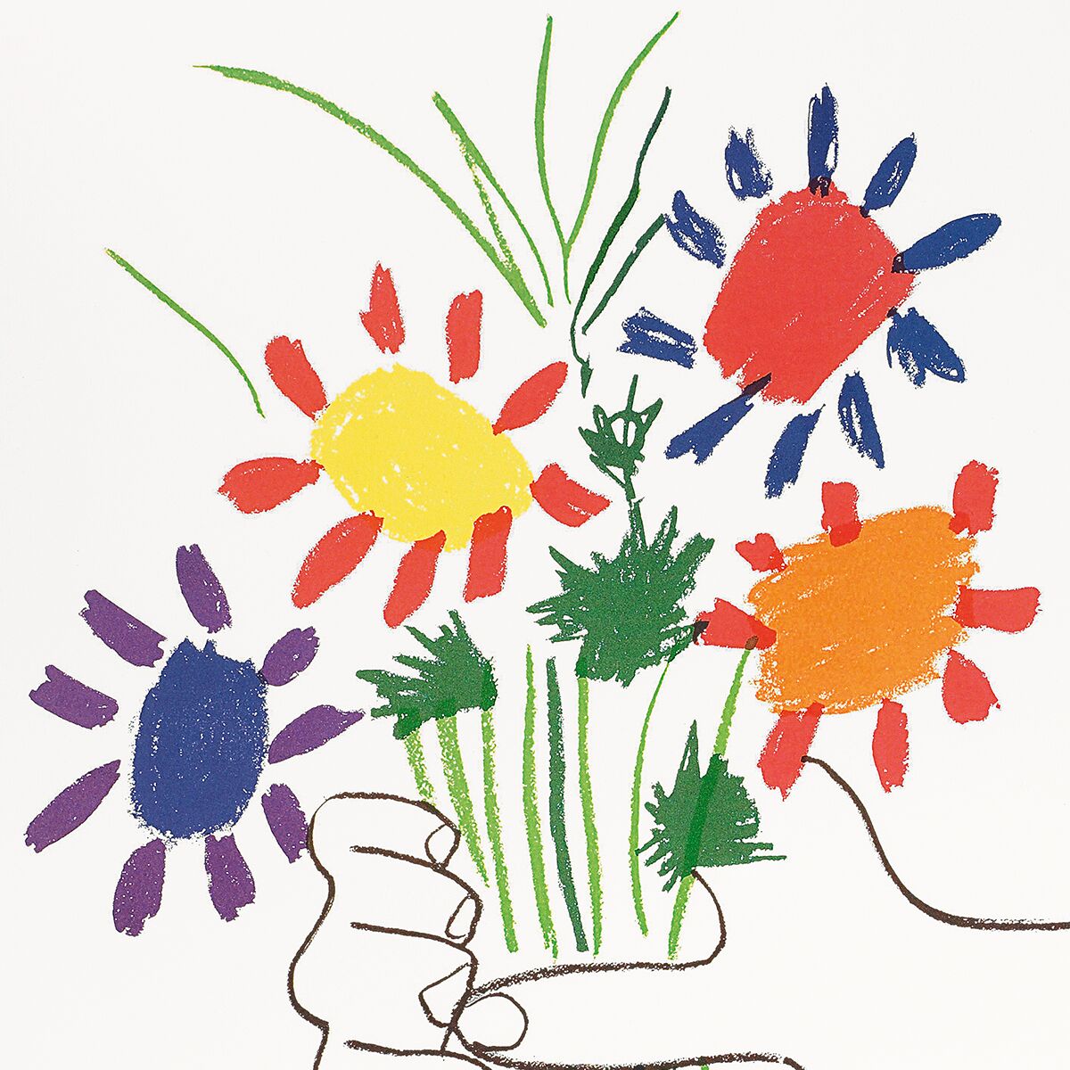 Das Bild zeigt eine stilisierte Zeichnung von zwei Händen, die einen bunten Strauß aus fünf einfachen, strahlenförmigen Blumen halten. Die Blüten sind in Gelb, Orange, Rot, Blau und Lila gehalten, das Blattwerk grün. Umrisse und Hände sind schwarz auf weißem Hintergrund gezeichnet.