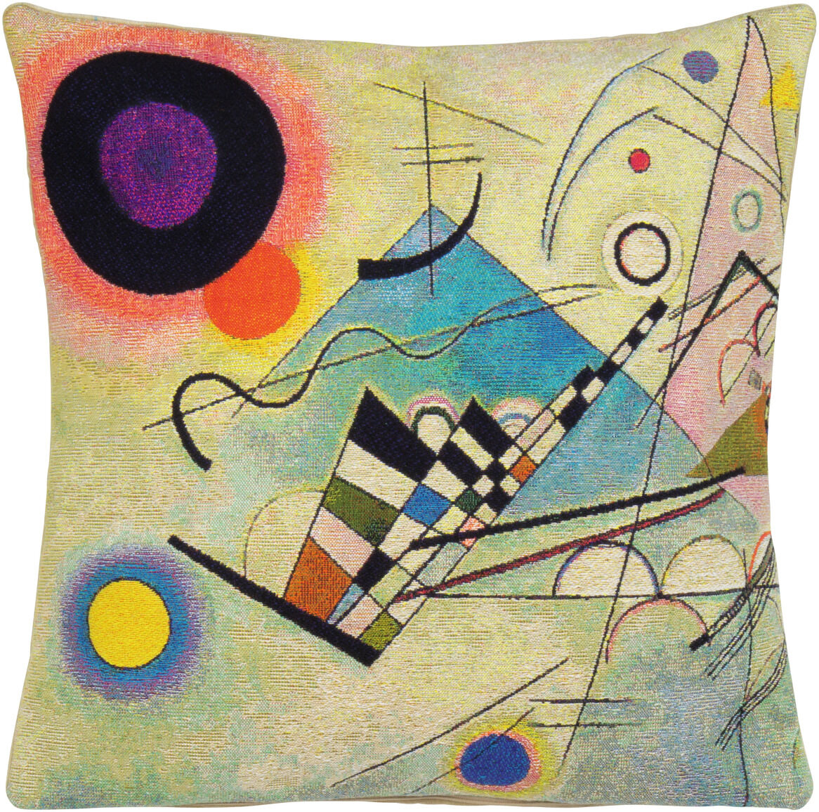 Eine Kissenhülle mit dem abstrakten Kunstwerk 'Komposition VIII A-C' von Wassily Kandinsky, das farbenfrohe geometrische Muster in Blau, Rot, Gelb, Grün, Schwarz und Weiß aufweist.