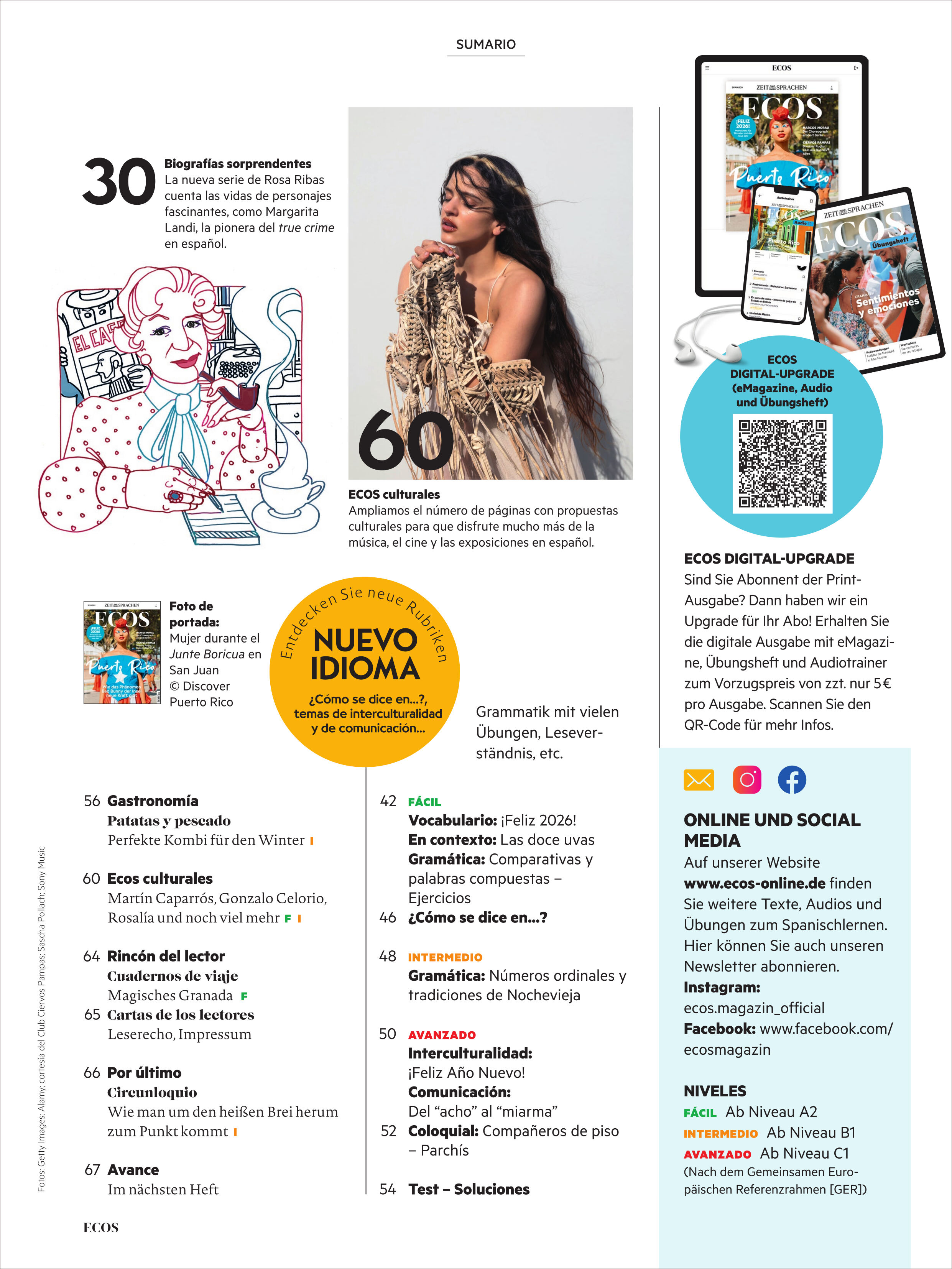 Auf dem Titelbild des Ecos Magazin 1/2026 von Spotlight Verlag dominiert ein ansprechendes Layout mit bunten, kontrastreichen Farben. Im Fokus steht Uruguay als Reiseziel: ein großes, stimmungsvolles Landschaftsfoto wird von lebhaften Textflächen mit Titelthema und weiteren Beiträgen, klaren Linien und modernen Schriften ergänzt.