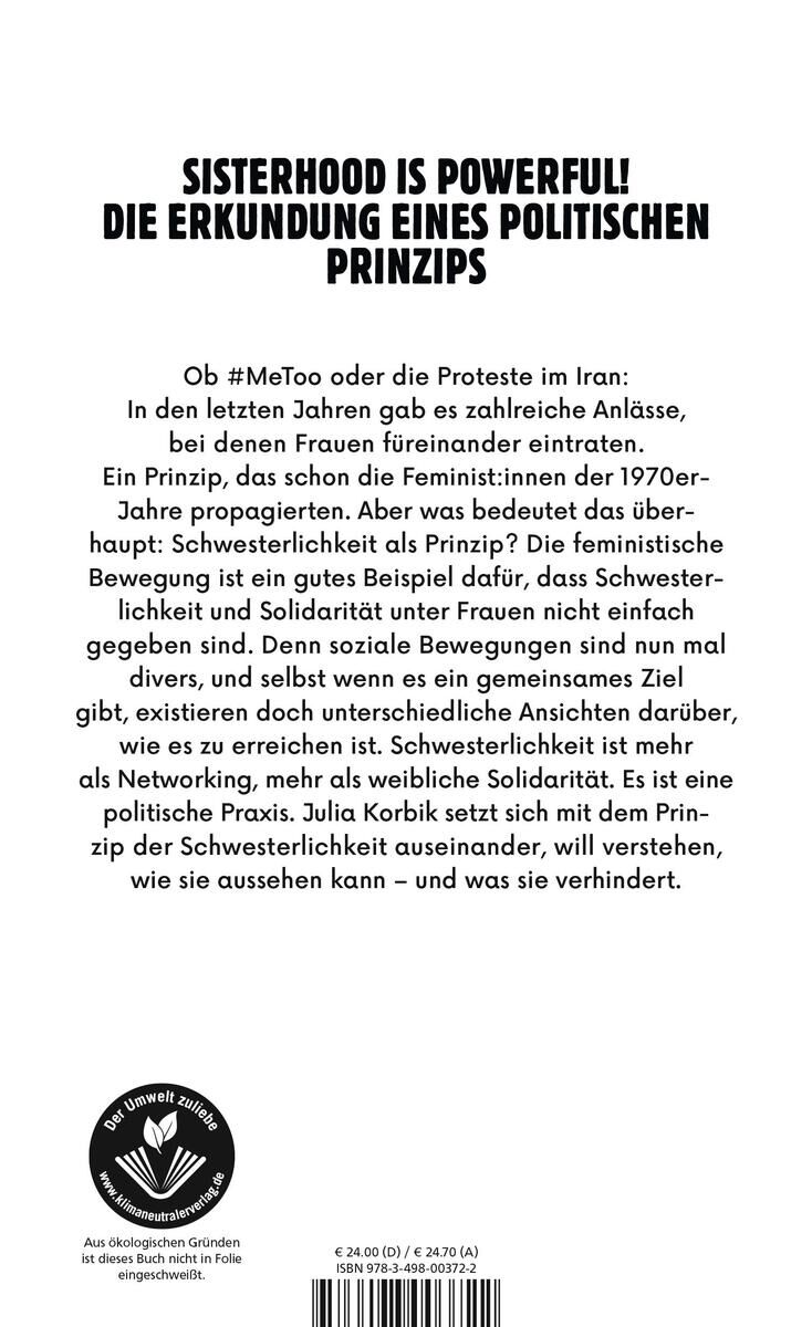 Ein Buch mit dem Titel 'Korbik, J: Schwestern' in weißem und schwarzem Design. Der Untertitel lautet 'Sisterhood is Powerful! Die Erkundung eines politischen Prinzips'.