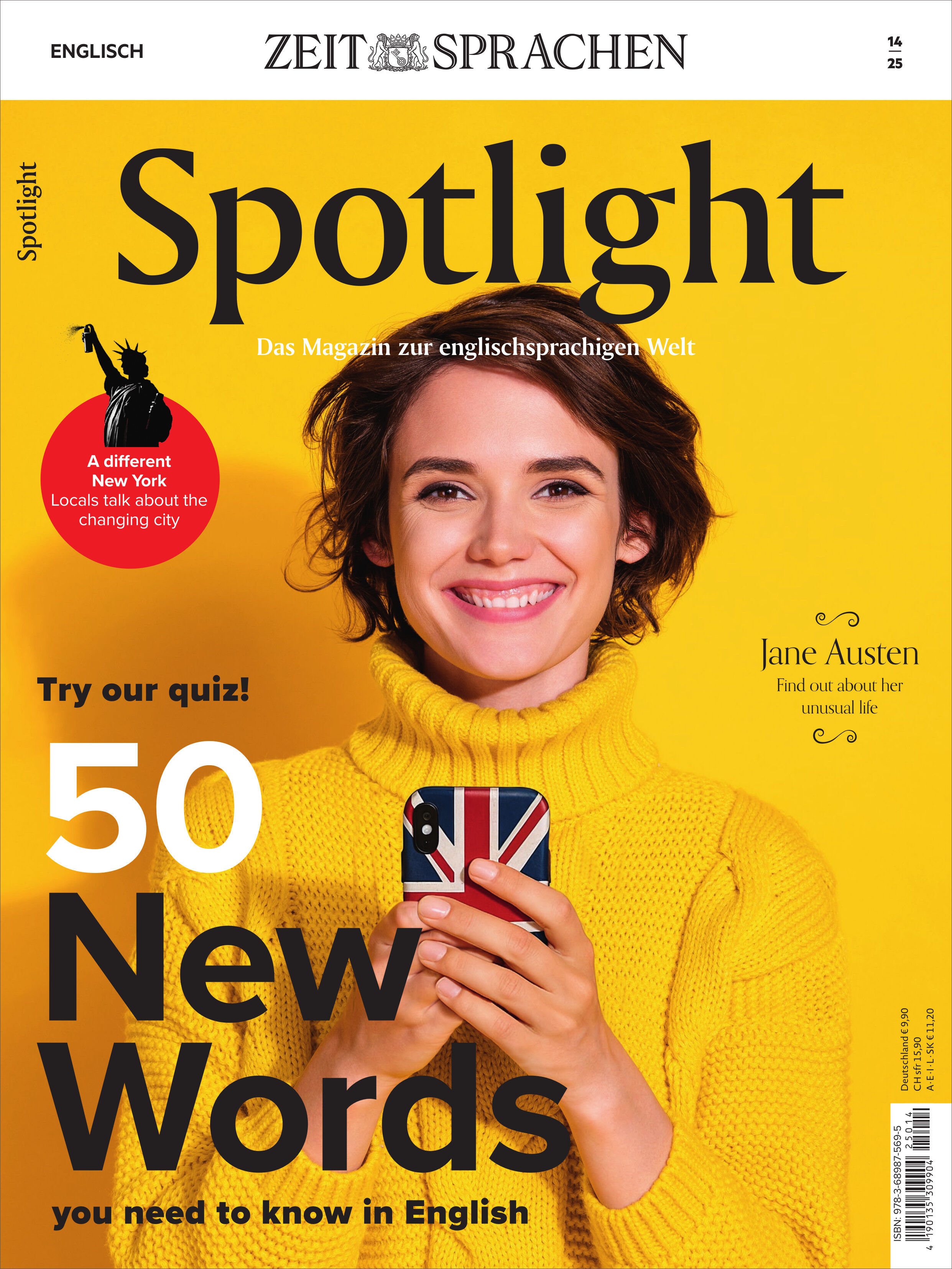 Das Cover des Spotlight Magazins 14/2025 zeigt eine junge Frau mit dunklem Haar und gelbem Rollkragenpullover vor gelbem Hintergrund. Sie hält ein Smartphone mit Union-Jack-Hülle und lächelt. Im Vordergrund befinden sich prominente Textelemente wie "50 New Words" und weitere Artikelhinweise.